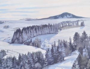 Soleil du matin sur le massif du Mézenc, huile sur toile, 133 x 200 cm, 2023