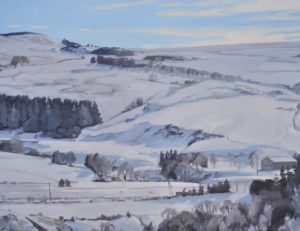 Soleil du matin sur le massif du Mézenc, huile sur toile, 133 x 200 cm, 2023