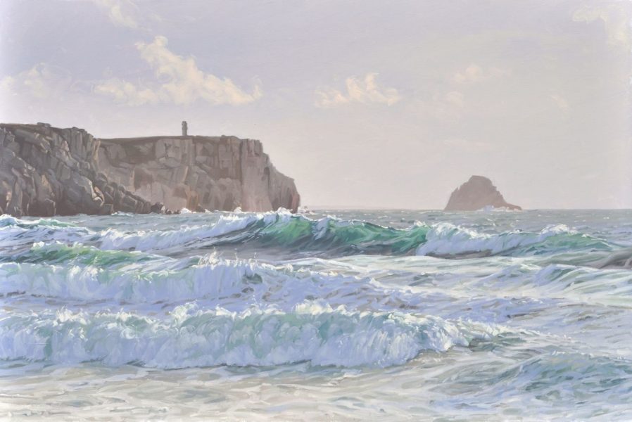 Presqu'île de Crozon, vagues au coucher du soleil, huile sur toile, 108 x 162 cm, 2024