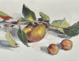 Pomme et noix, huile sur toile, 17,5x35cm, 2016, collection privée USA