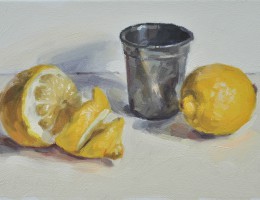 Citrons et gobelet d'étain, huile sur toile, 18,5x30cm, 2016, collection privée FR