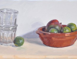 Citrons verts et mangue dans un plat en terre, pots à confiture, huile sur toile, 30x60cm, 2016