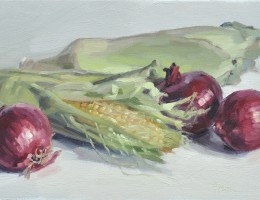 Epis de maïs et oigons rouges, huile sur toile, 20x40cm, 2017, collection privée USA