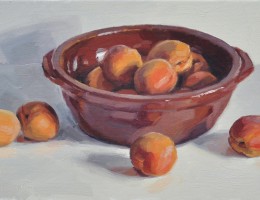 Abricots dans un plat en terre, huile sur toile, 46x23cm, 2017, collection privée USA