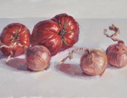 Tomates et oignons, huile sur toile, 24x41cm, 2017