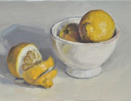 Citrons et bol, fond blanc, huile sur toile, 22x33cm, 2017, collection privée UK