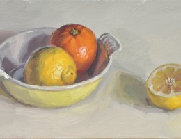 Citrons et orange dans un plat, huile sur toile, 20x40cm, 2017, collection privée UK