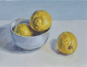 Trois citrons et bol blanc, huile sur toile, 24x33cm, 2018