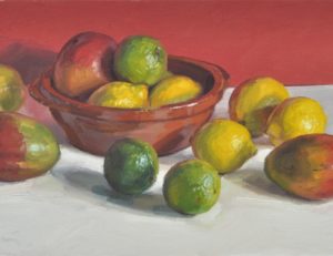 Mangues et citrons, fond rouge, huile sur toile, 30x60 cm, 2018, collection privée AE