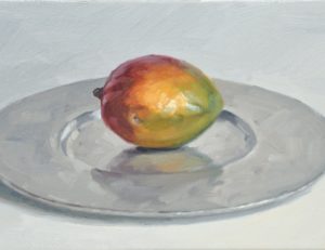 Mangue dans un plat metalique, huile sur toile, 40x24cm, 2018