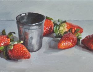 Fraises et gobelet d'étain, huile sur toile,16 x 33 cm, 2019