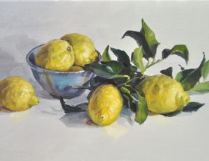 Citrons et bol bleu, huile sur toile, 55x33cm, 10M, 2019