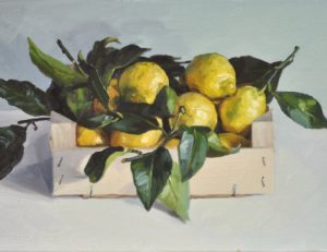 Citrons dans une cagette, huile sur toile, 55x33cm, 10M, 2019, collection privée UK